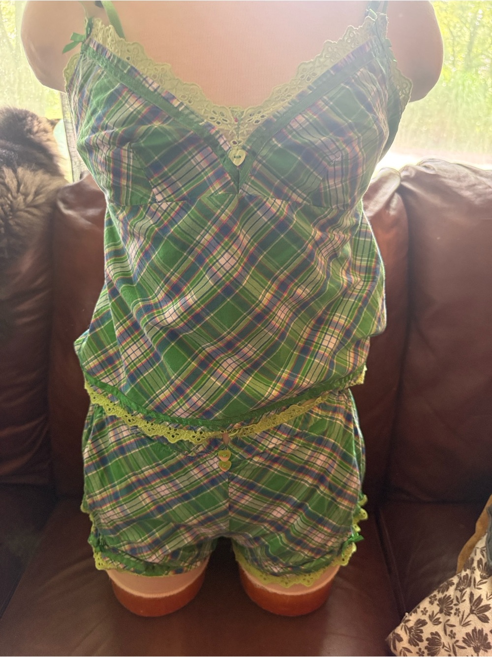 VTG Victoria's Secret POUT Plaid Camisole Shorts Pajama Set Green Y2K Small